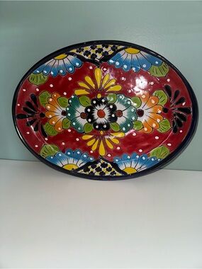 Authentic, hand-painted Mexican Talavera oval serving platter Artisan Earthware